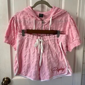 PLAYBOY Pink Embossed Short Sleeve Hoodie with Matching Shorts
